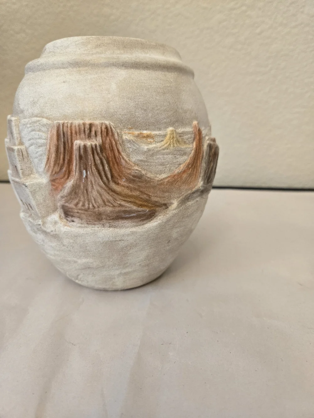 Southwestern Ceramic Vase Carved Pueblo Village Landscape Scene Matte Texture